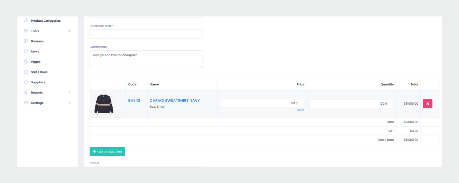 Screenshot of the B2B Wave Quotes feature